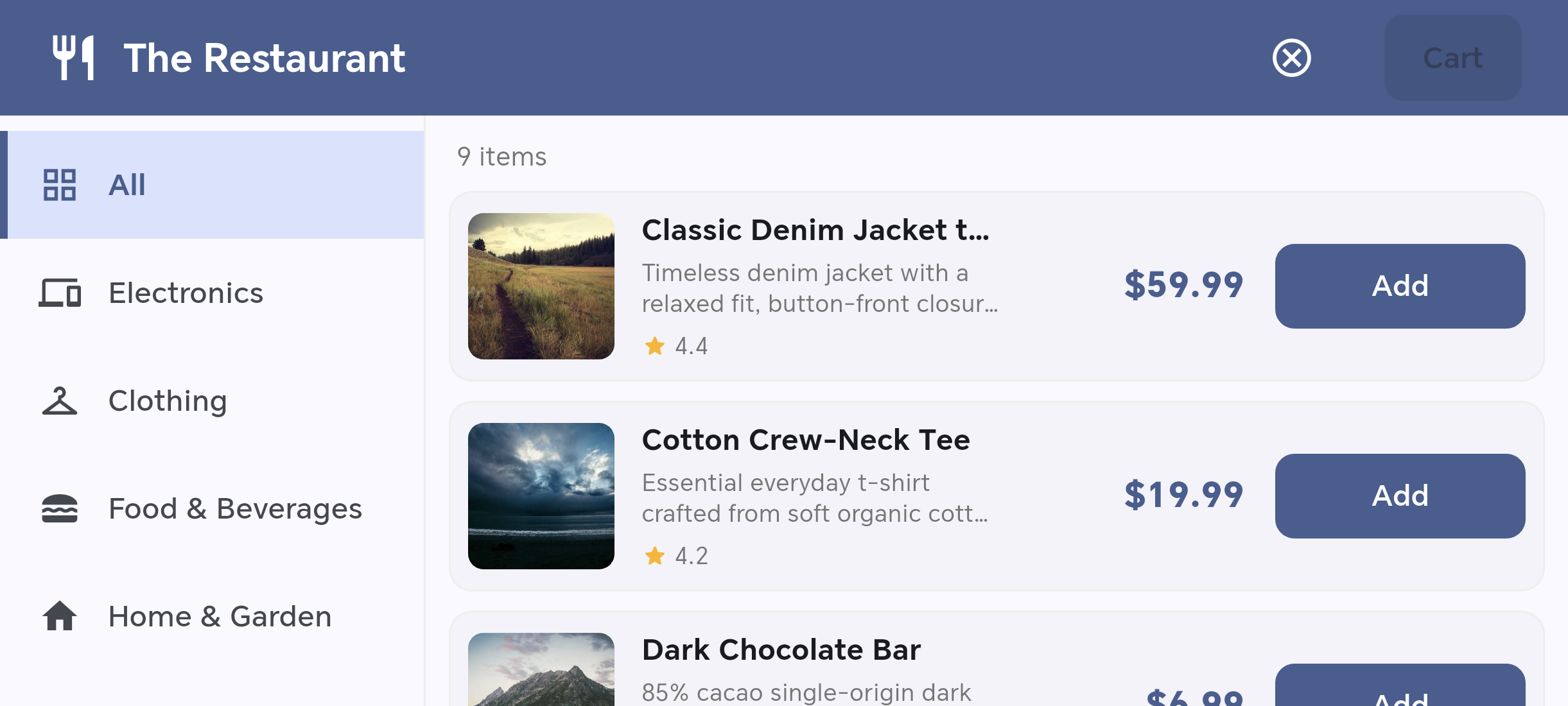 Order booking console showing product catalog